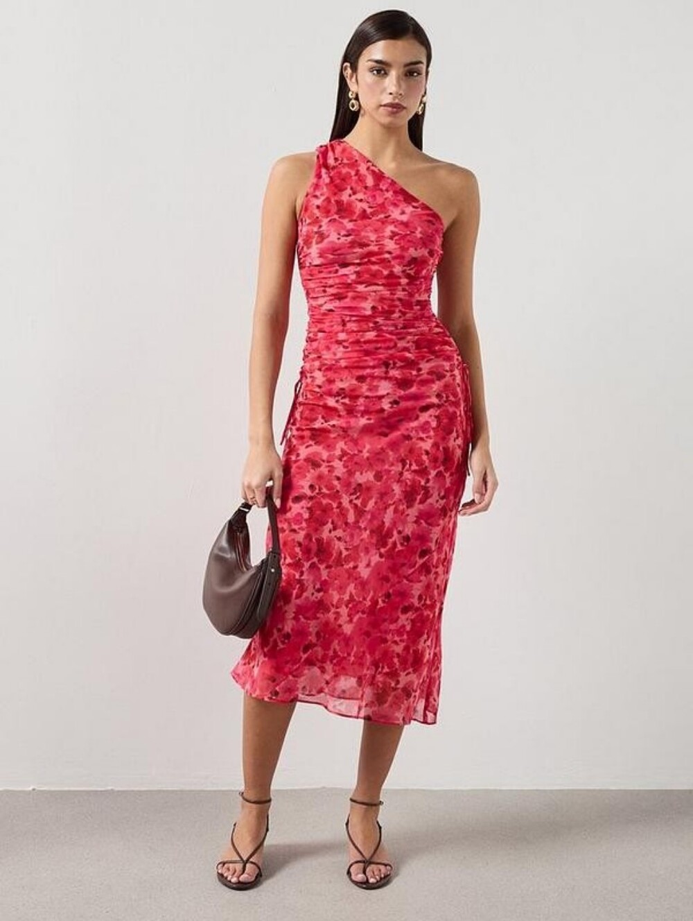 Mango One-Shoulder Red Floral Midi Dress